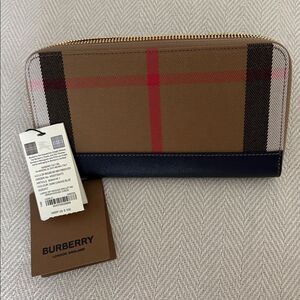 Burberry Check Canvas & Leather Zip Around Wallet, Blue $630